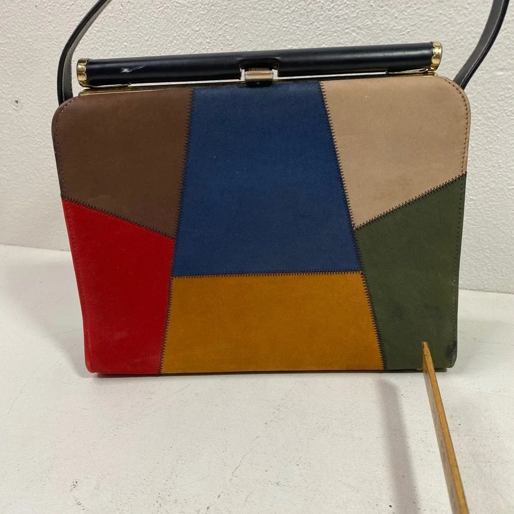 Vintage 60s Colorblock Patchwork Suede Leather Frame Handbag Mod Mid Century